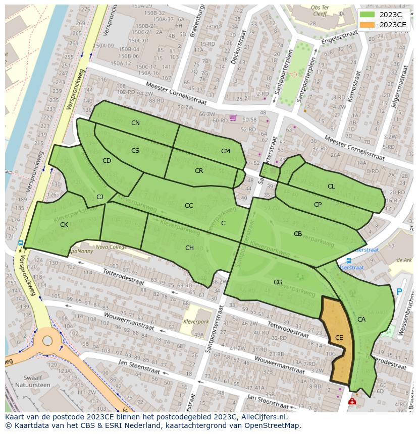 Afbeelding van het postcodegebied 2023 CE op de kaart.
