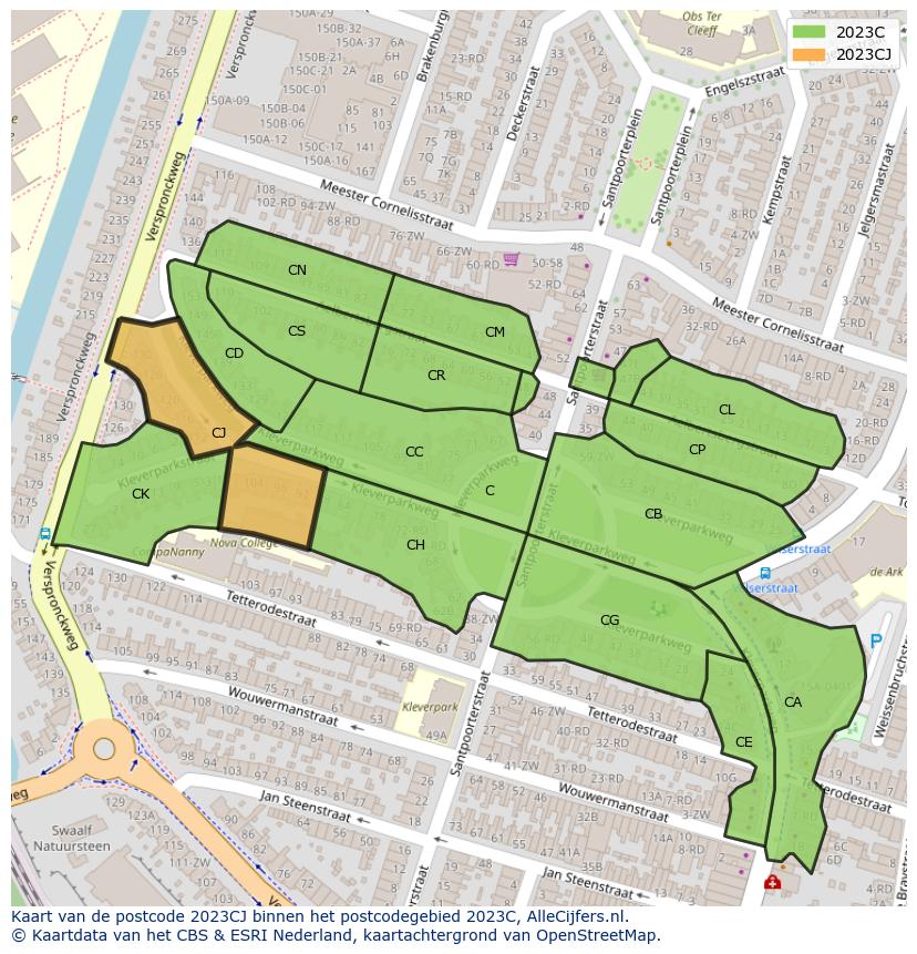 Afbeelding van het postcodegebied 2023 CJ op de kaart.
