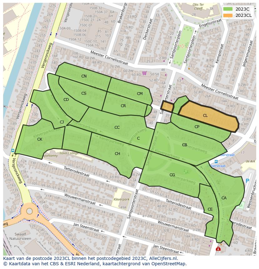 Afbeelding van het postcodegebied 2023 CL op de kaart.