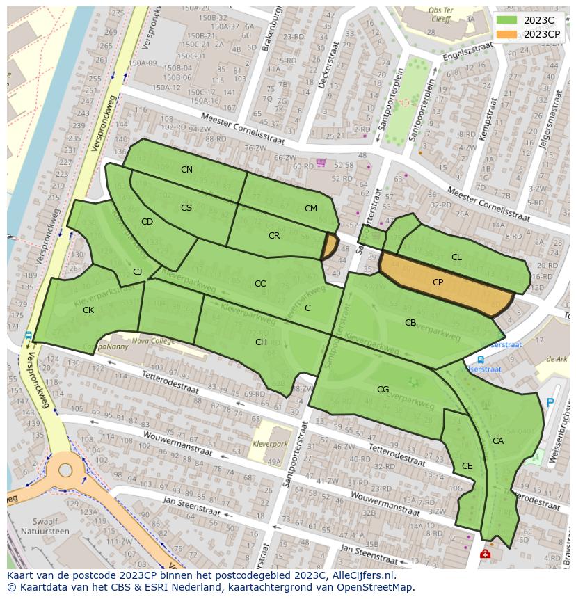 Afbeelding van het postcodegebied 2023 CP op de kaart.