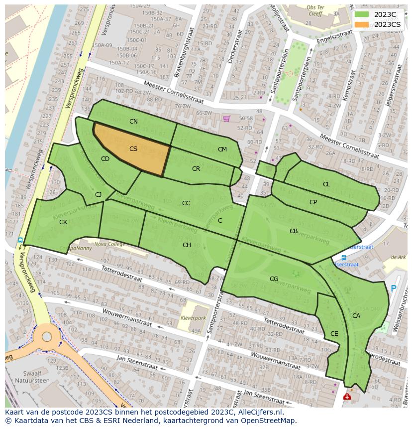 Afbeelding van het postcodegebied 2023 CS op de kaart.