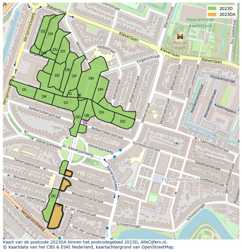 Afbeelding van het postcodegebied 2023 DA op de kaart.