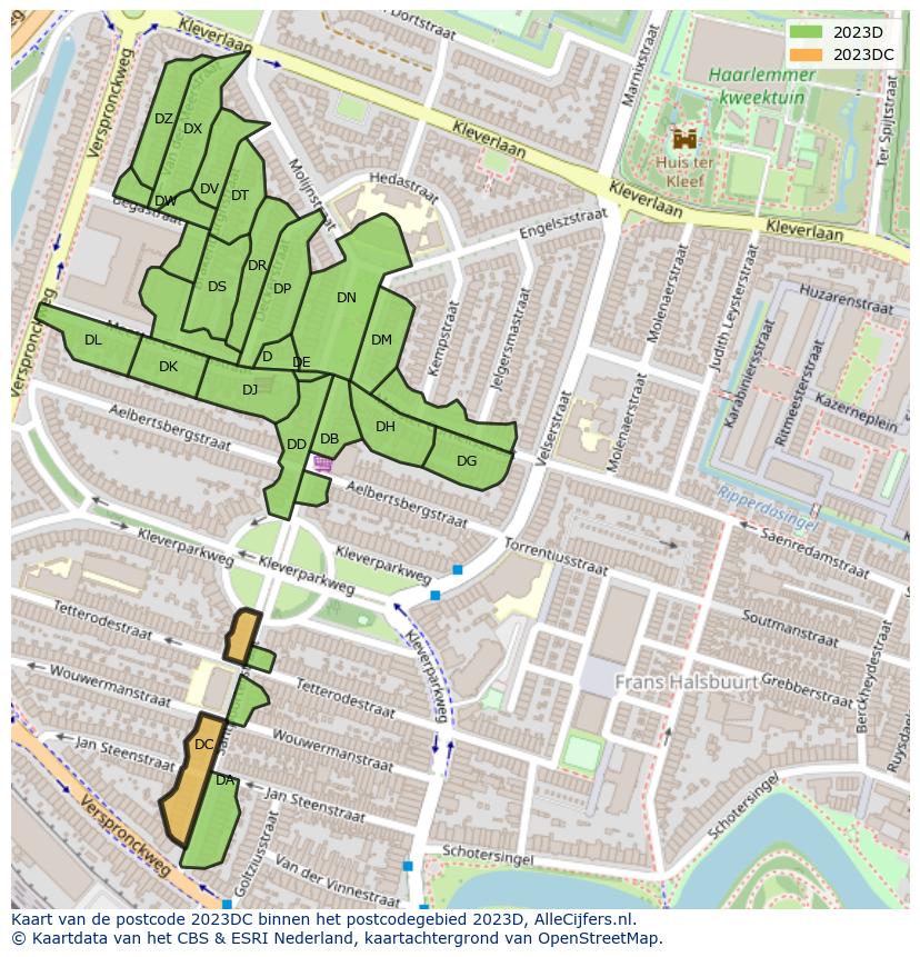 Afbeelding van het postcodegebied 2023 DC op de kaart.