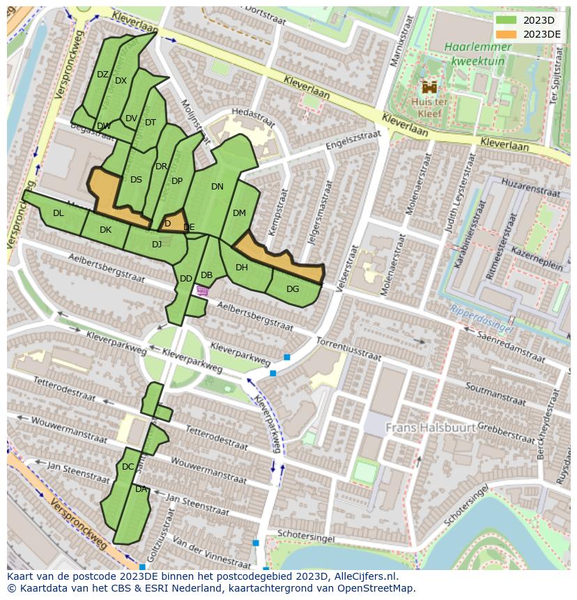 Afbeelding van het postcodegebied 2023 DE op de kaart.