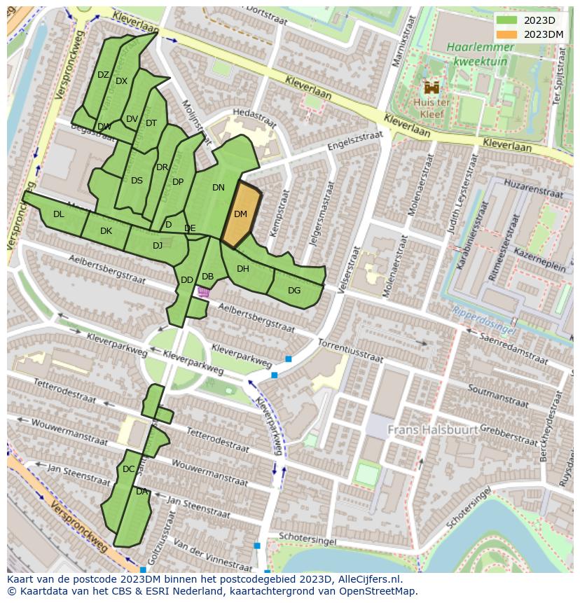Afbeelding van het postcodegebied 2023 DM op de kaart.