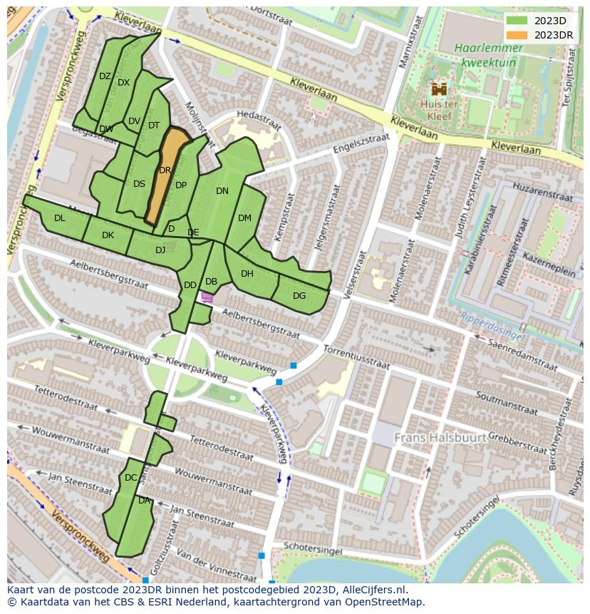 Afbeelding van het postcodegebied 2023 DR op de kaart.