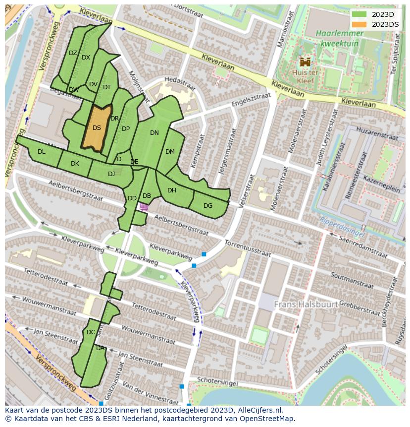 Afbeelding van het postcodegebied 2023 DS op de kaart.