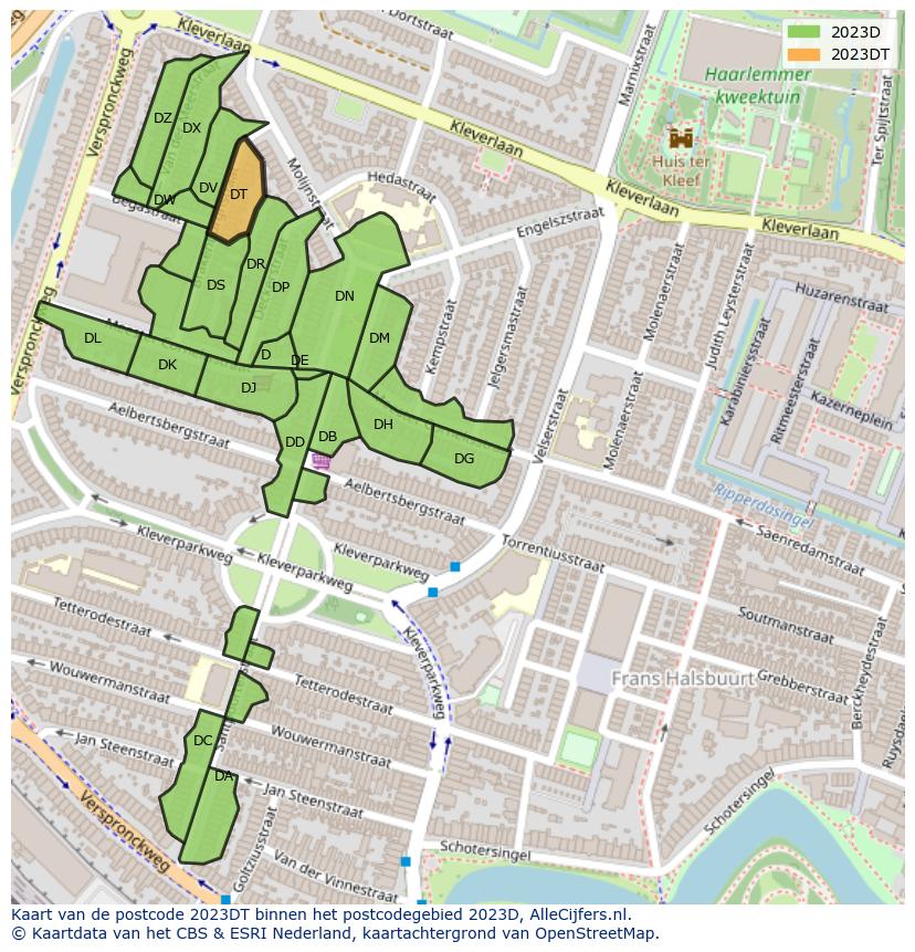 Afbeelding van het postcodegebied 2023 DT op de kaart.