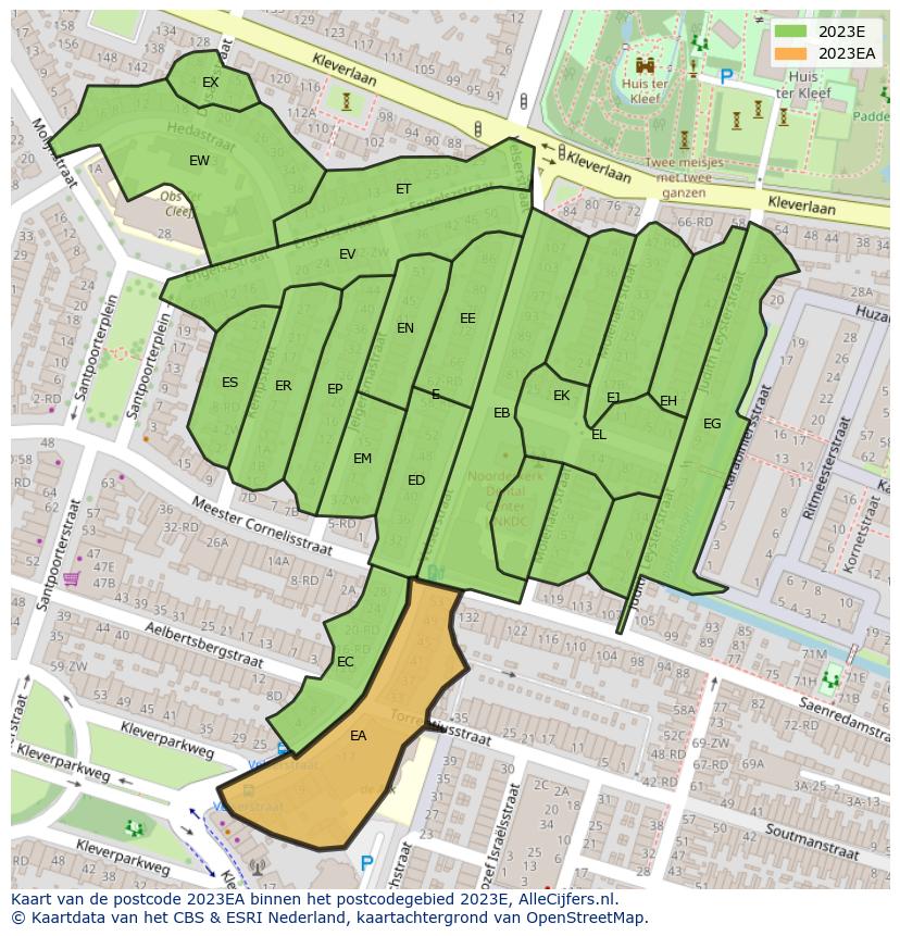 Afbeelding van het postcodegebied 2023 EA op de kaart.
