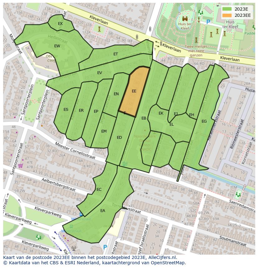Afbeelding van het postcodegebied 2023 EE op de kaart.
