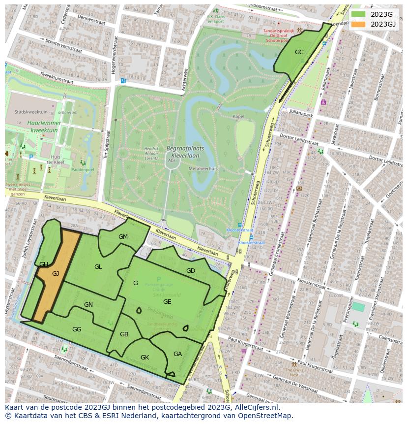 Afbeelding van het postcodegebied 2023 GJ op de kaart.