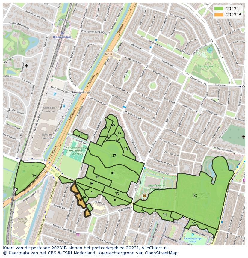Afbeelding van het postcodegebied 2023 JB op de kaart.