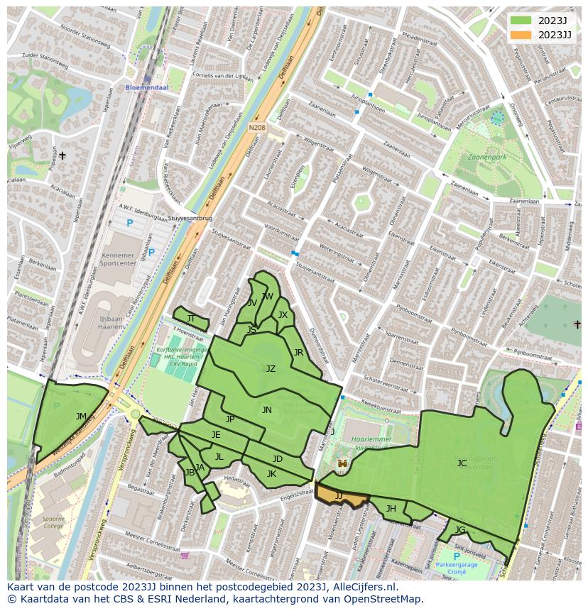 Afbeelding van het postcodegebied 2023 JJ op de kaart.