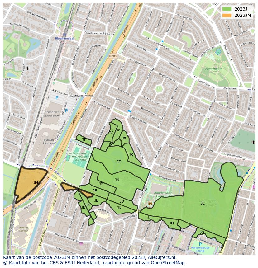 Afbeelding van het postcodegebied 2023 JM op de kaart.