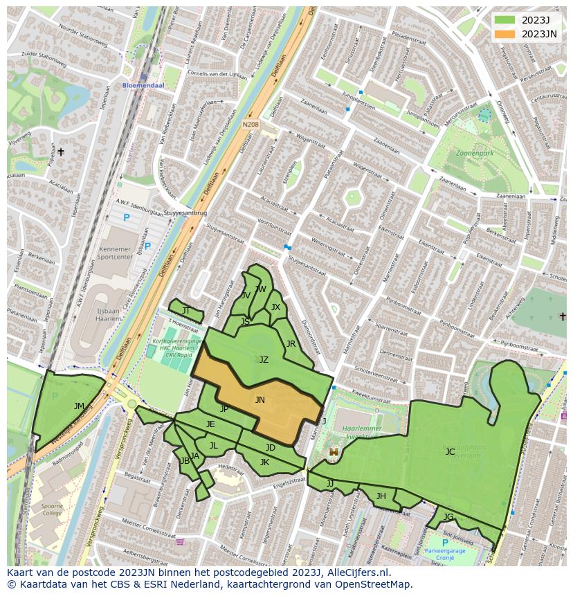 Afbeelding van het postcodegebied 2023 JN op de kaart.