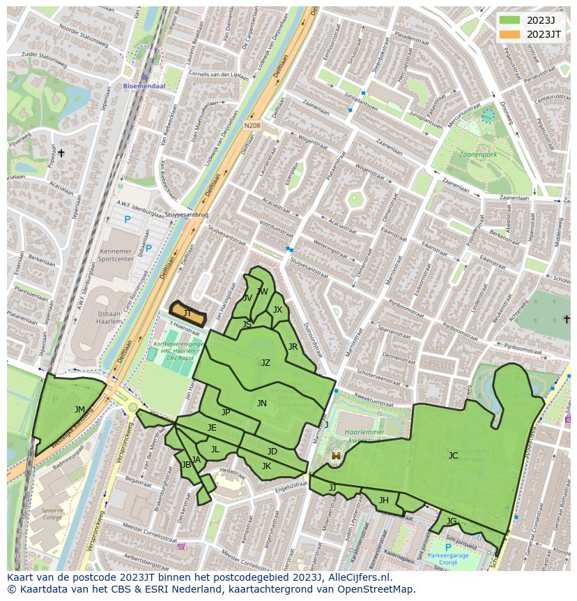 Afbeelding van het postcodegebied 2023 JT op de kaart.