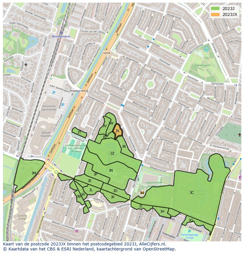 Afbeelding van het postcodegebied 2023 JX op de kaart.