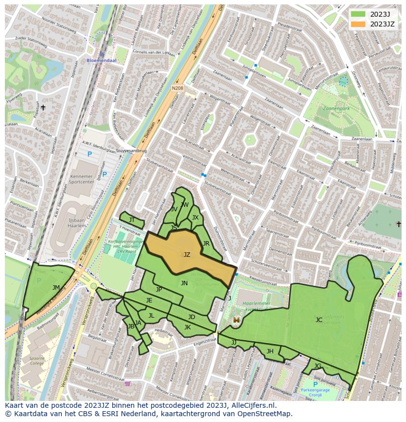 Afbeelding van het postcodegebied 2023 JZ op de kaart.