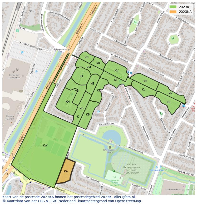 Afbeelding van het postcodegebied 2023 KA op de kaart.