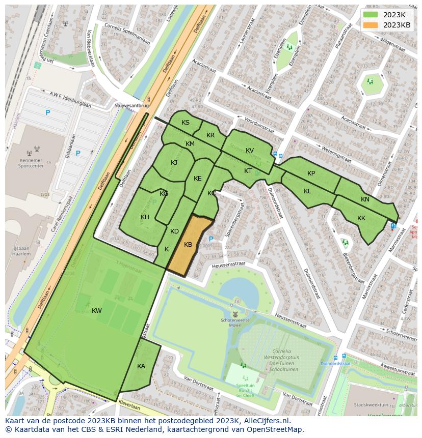 Afbeelding van het postcodegebied 2023 KB op de kaart.