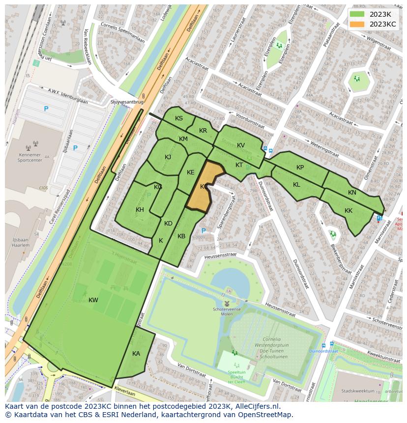 Afbeelding van het postcodegebied 2023 KC op de kaart.