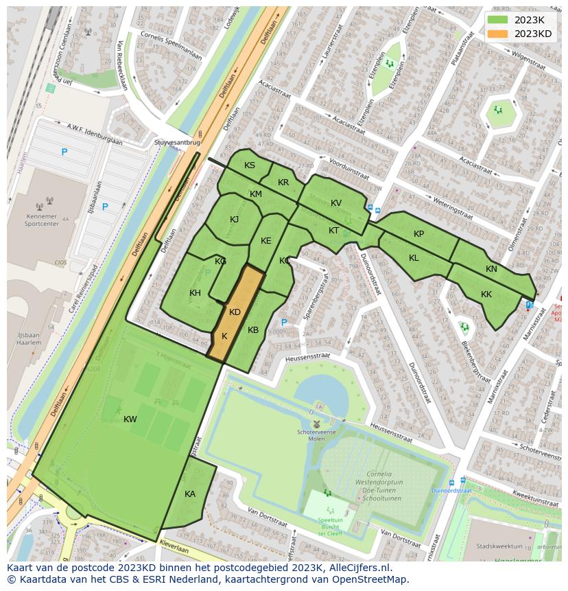 Afbeelding van het postcodegebied 2023 KD op de kaart.