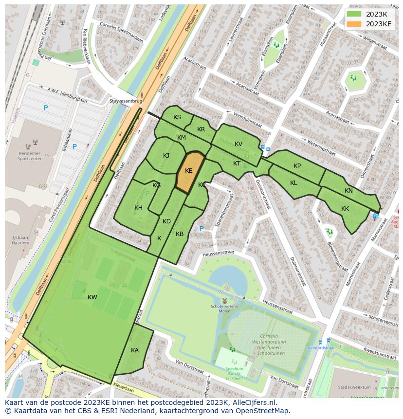 Afbeelding van het postcodegebied 2023 KE op de kaart.