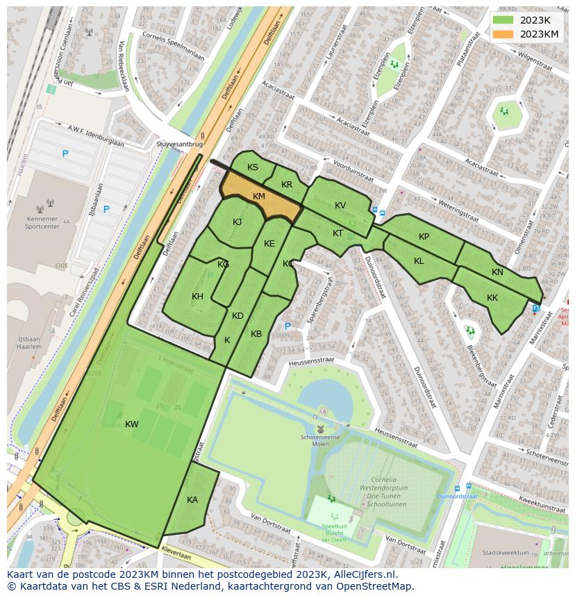 Afbeelding van het postcodegebied 2023 KM op de kaart.