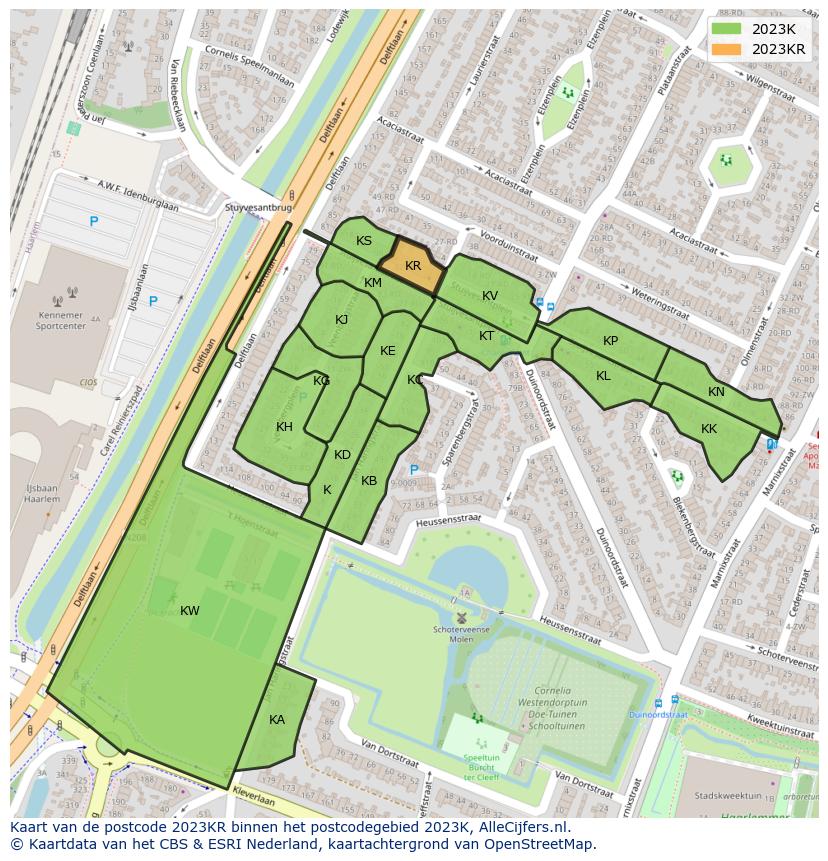 Afbeelding van het postcodegebied 2023 KR op de kaart.