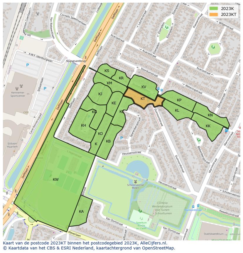Afbeelding van het postcodegebied 2023 KT op de kaart.