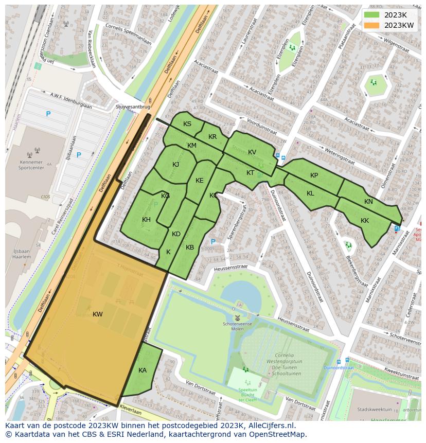 Afbeelding van het postcodegebied 2023 KW op de kaart.