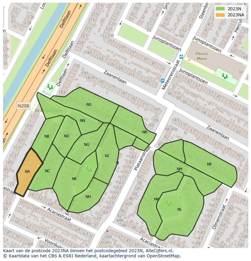 Afbeelding van het postcodegebied 2023 NA op de kaart.