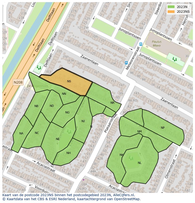 Afbeelding van het postcodegebied 2023 NS op de kaart.
