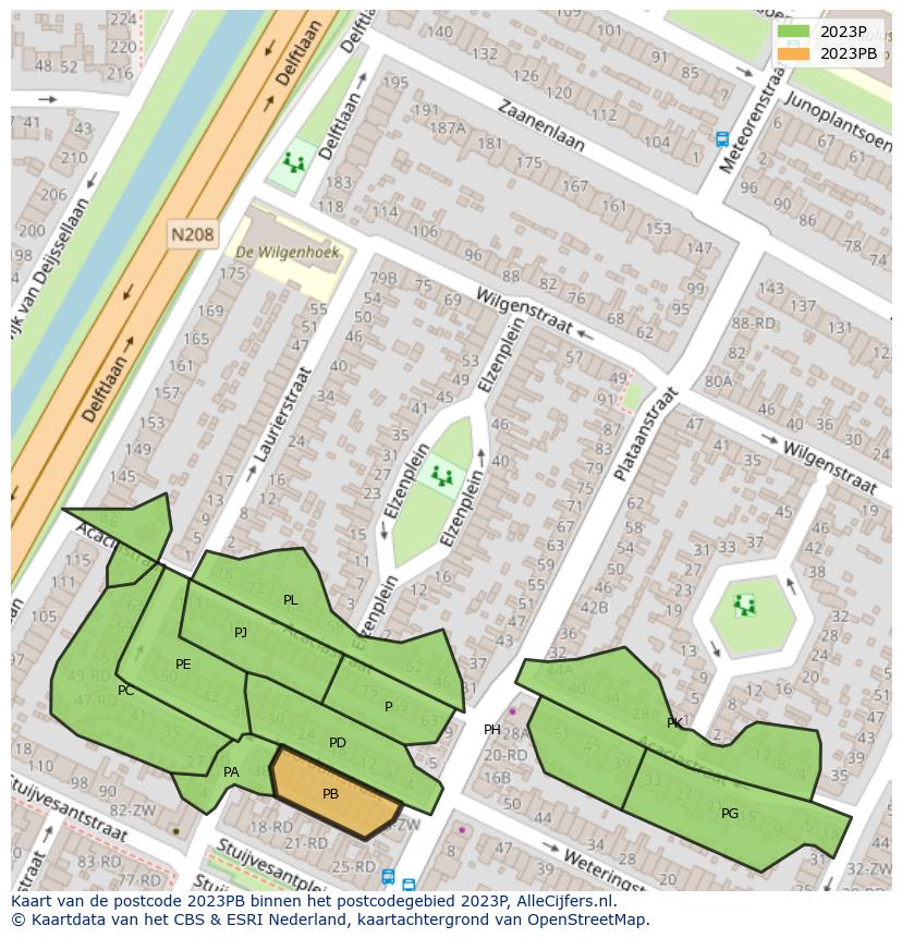 Afbeelding van het postcodegebied 2023 PB op de kaart.