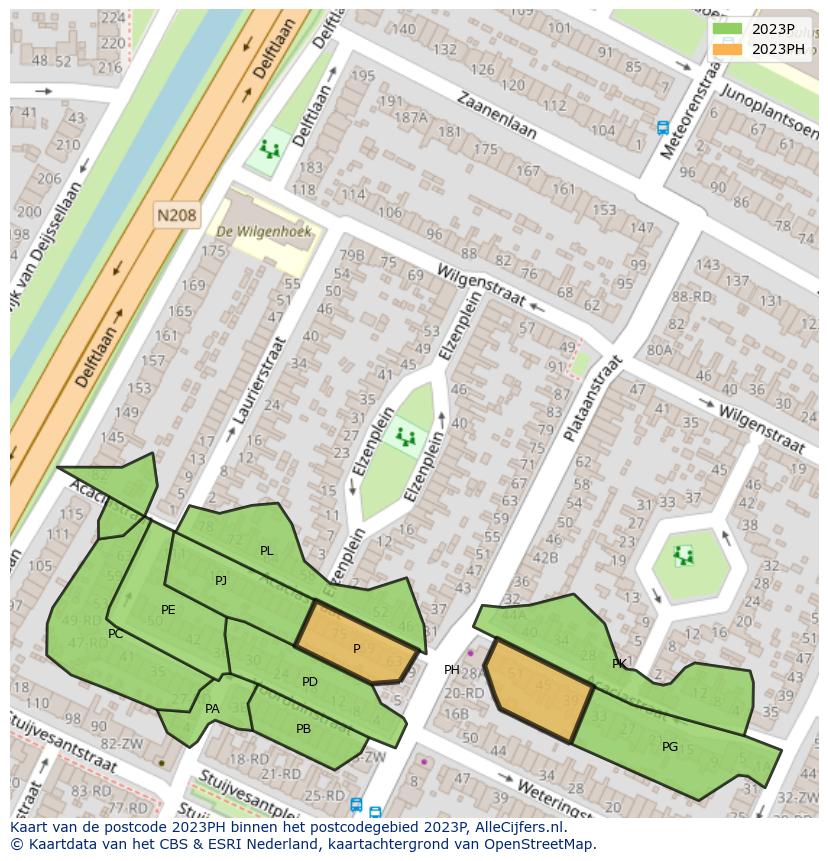 Afbeelding van het postcodegebied 2023 PH op de kaart.