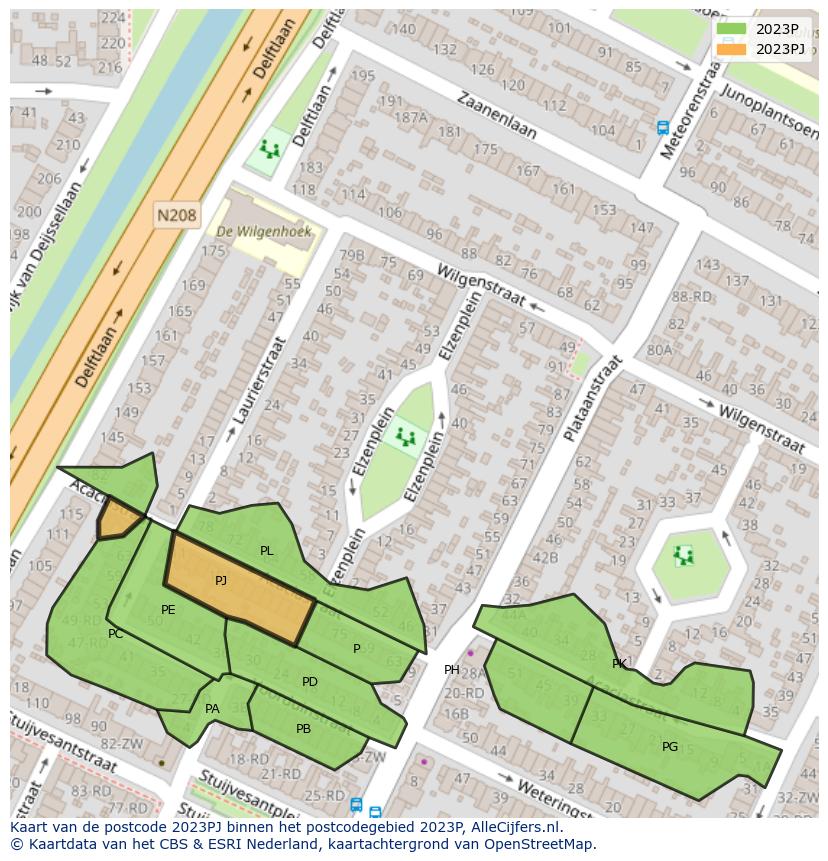 Afbeelding van het postcodegebied 2023 PJ op de kaart.