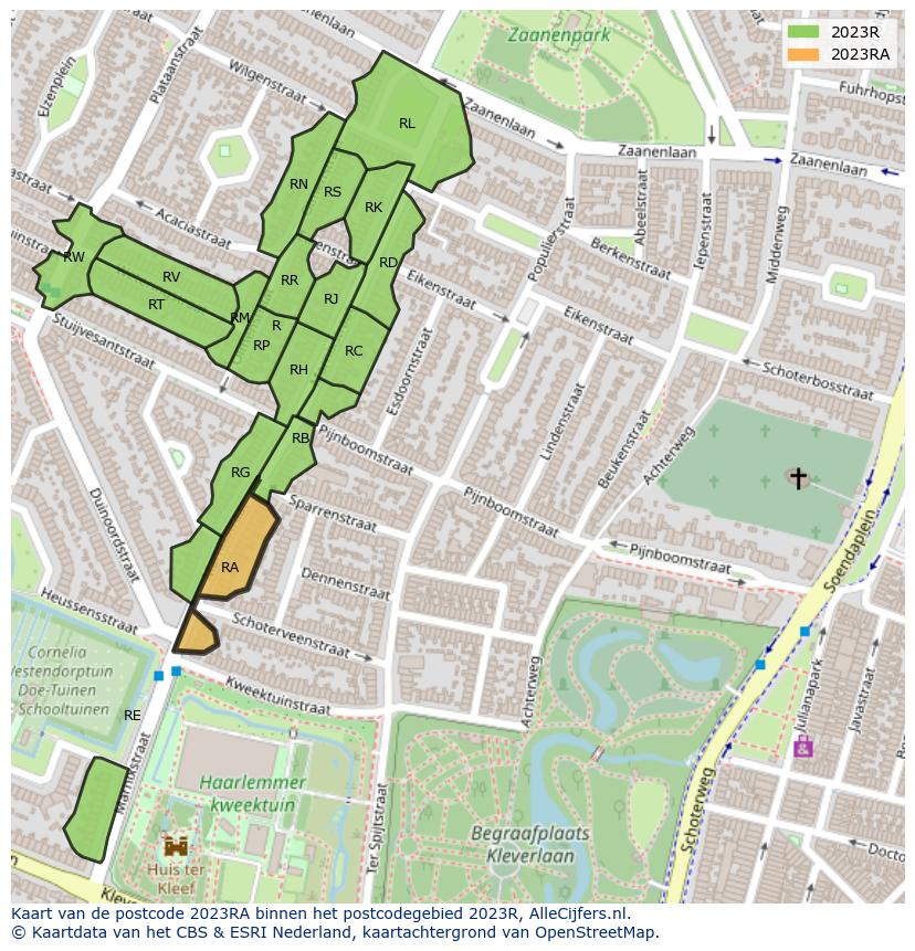 Afbeelding van het postcodegebied 2023 RA op de kaart.