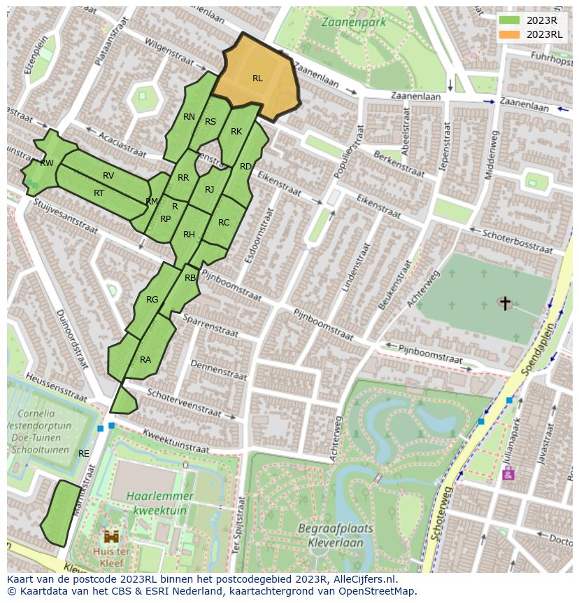 Afbeelding van het postcodegebied 2023 RL op de kaart.