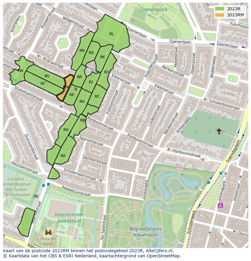 Afbeelding van het postcodegebied 2023 RM op de kaart.