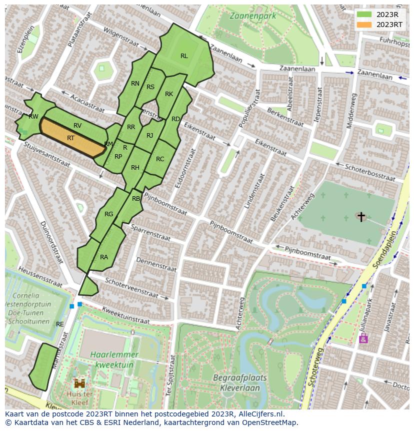 Afbeelding van het postcodegebied 2023 RT op de kaart.