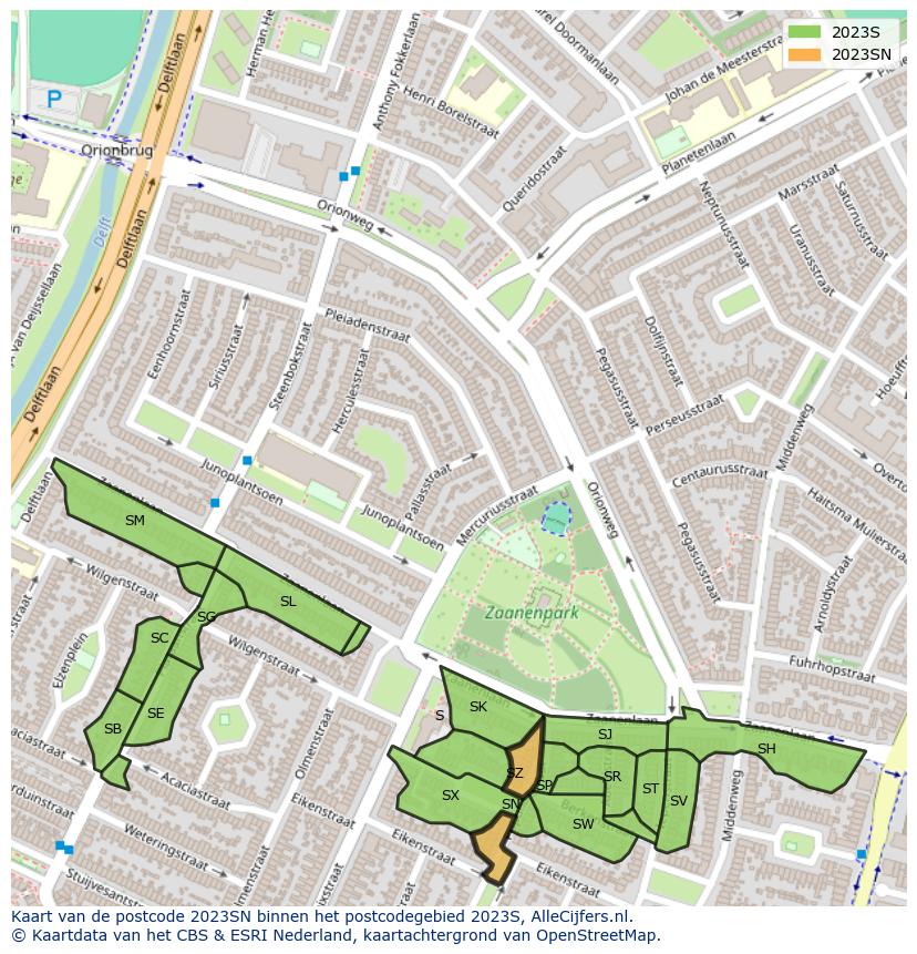 Afbeelding van het postcodegebied 2023 SN op de kaart.