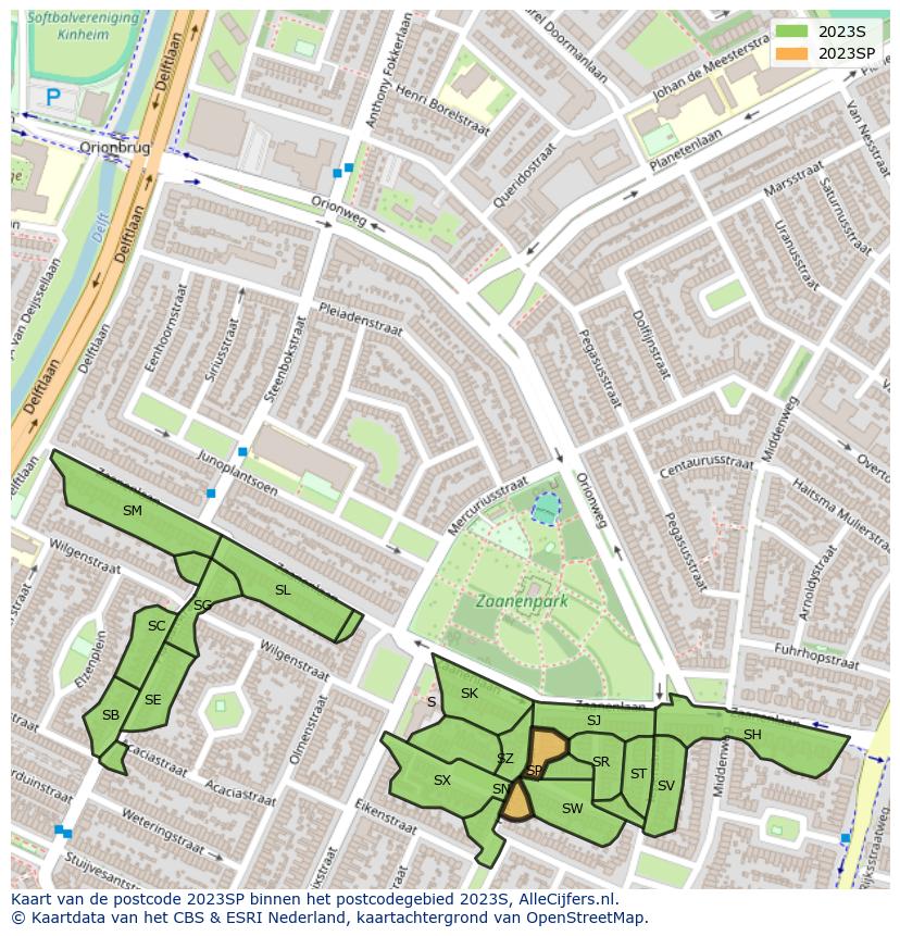 Afbeelding van het postcodegebied 2023 SP op de kaart.
