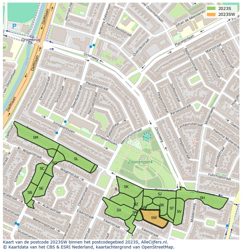 Afbeelding van het postcodegebied 2023 SW op de kaart.