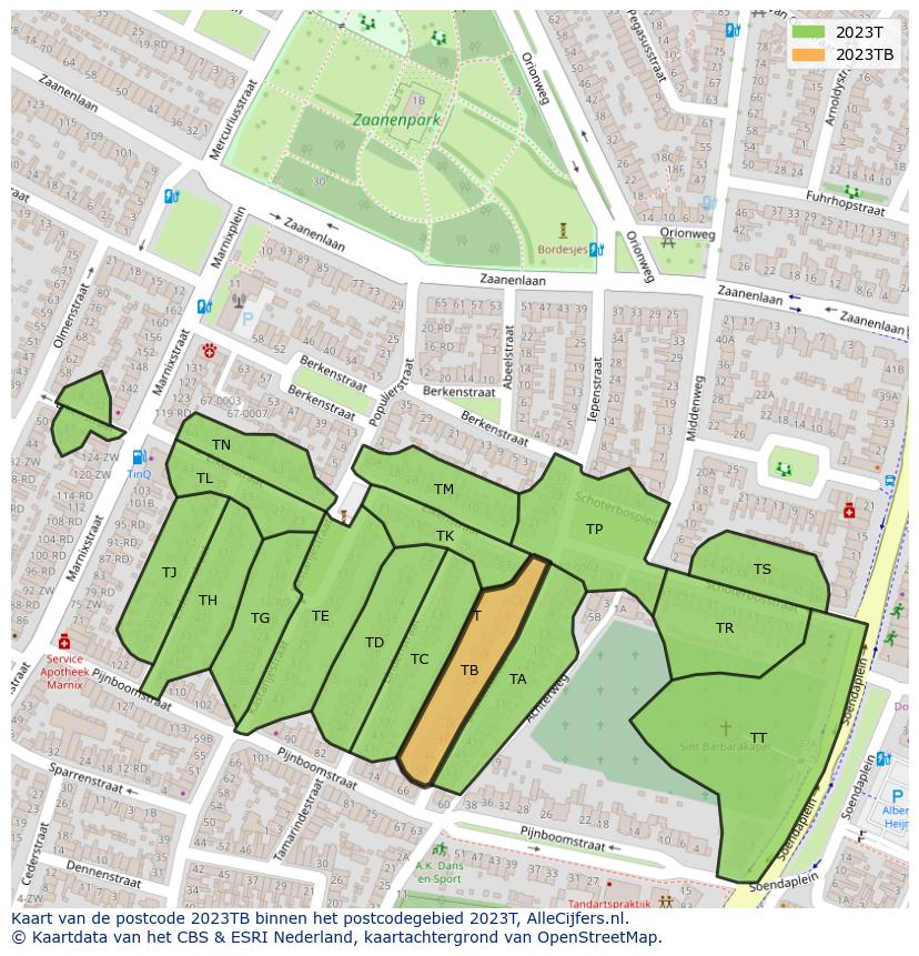 Afbeelding van het postcodegebied 2023 TB op de kaart.