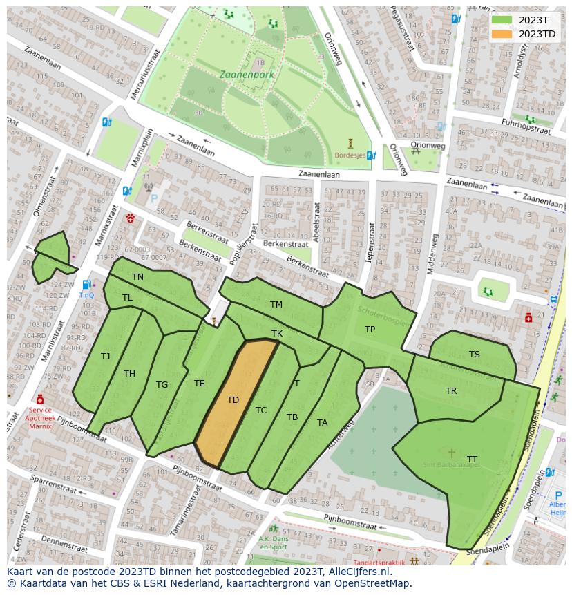 Afbeelding van het postcodegebied 2023 TD op de kaart.