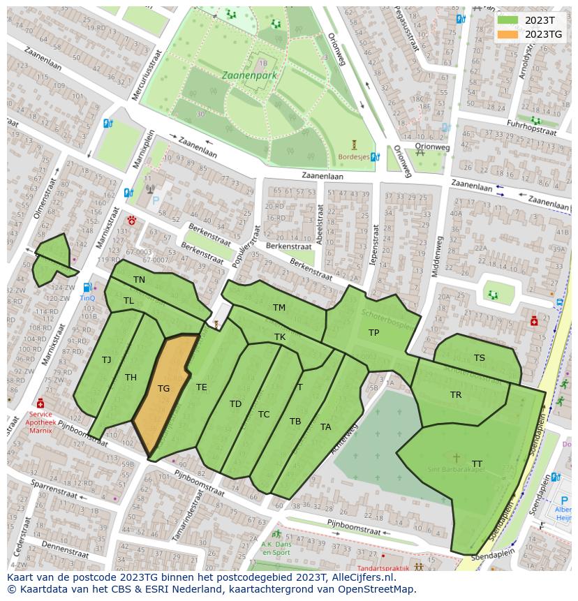 Afbeelding van het postcodegebied 2023 TG op de kaart.