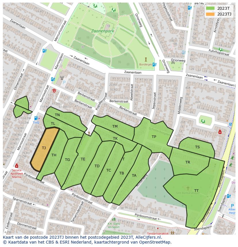 Afbeelding van het postcodegebied 2023 TJ op de kaart.