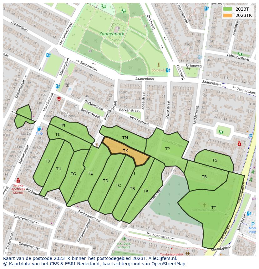 Afbeelding van het postcodegebied 2023 TK op de kaart.