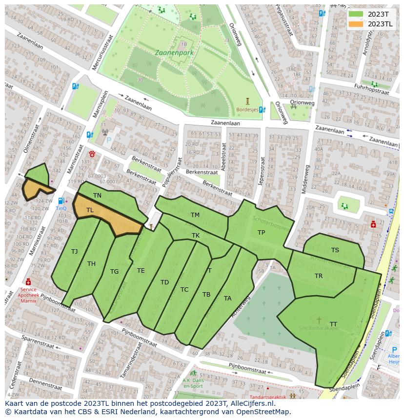 Afbeelding van het postcodegebied 2023 TL op de kaart.