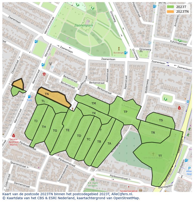 Afbeelding van het postcodegebied 2023 TN op de kaart.